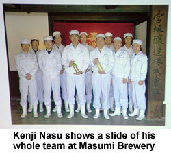 Kenji Masu shows a slide of his whole team at Masumi Brewery