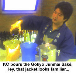 KC pours the Gokyo Junmai SakÃ©.  Hey, that Jacket looks familiar....